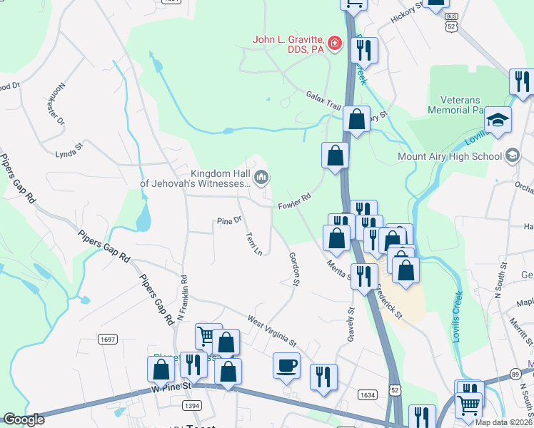 map of restaurants, bars, coffee shops, grocery stores, and more near 957 Fowler Road in Mount Airy