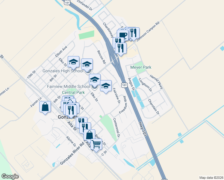 map of restaurants, bars, coffee shops, grocery stores, and more near 515 Fairview Drive in Gonzales