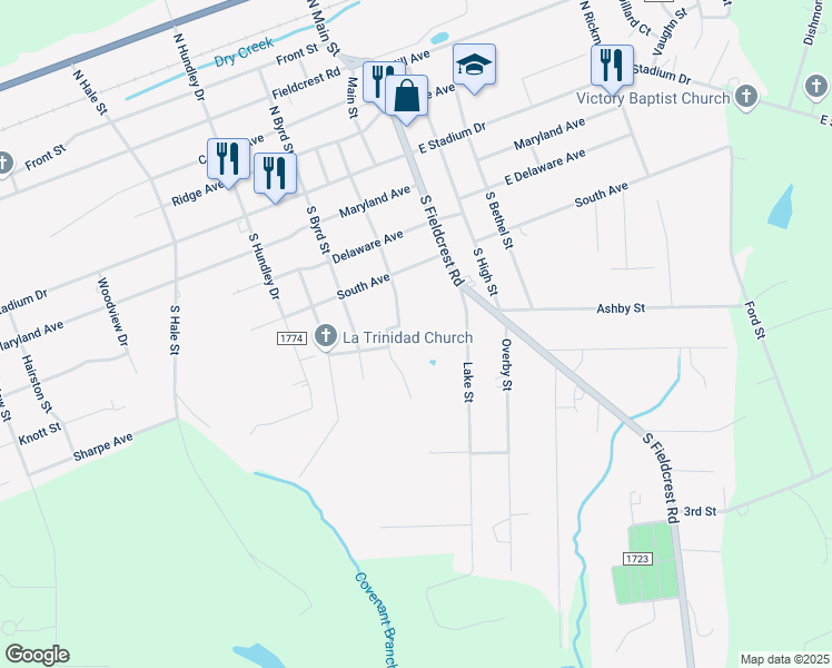 map of restaurants, bars, coffee shops, grocery stores, and more near 324 South Center Street in Eden