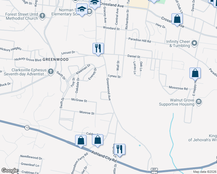map of restaurants, bars, coffee shops, grocery stores, and more near 952 Greenwood Avenue in Clarksville