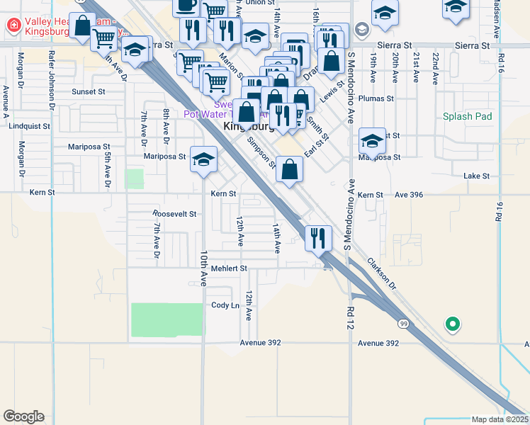 map of restaurants, bars, coffee shops, grocery stores, and more near 1361 Roosevelt Street in Kingsburg