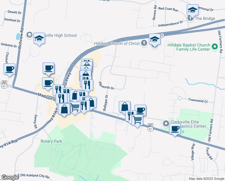 map of restaurants, bars, coffee shops, grocery stores, and more near 2359 Ellsworth Drive in Clarksville