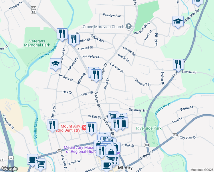 map of restaurants, bars, coffee shops, grocery stores, and more near 114 East Lebanon Street in Mount Airy