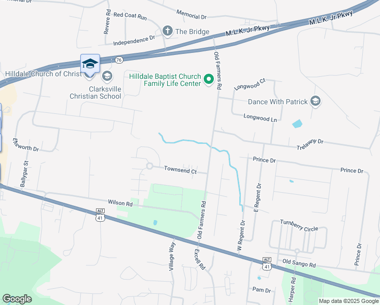map of restaurants, bars, coffee shops, grocery stores, and more near 198 Old Farmers Road in Clarksville