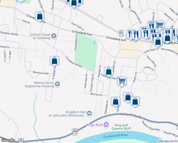 map of restaurants, bars, coffee shops, grocery stores, and more near 802 Country Club Drive in Clarksville