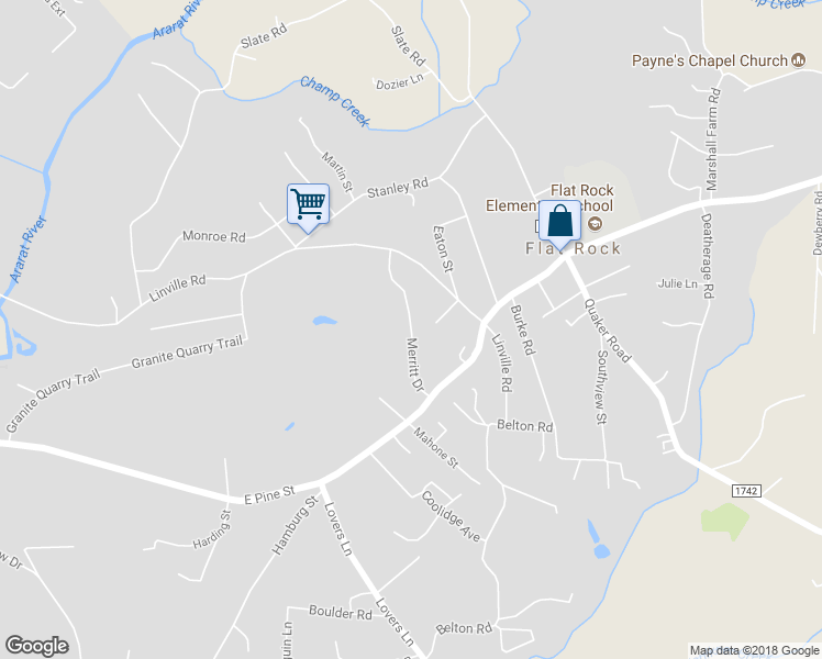 map of restaurants, bars, coffee shops, grocery stores, and more near 180 Merritt Drive in Mount Airy
