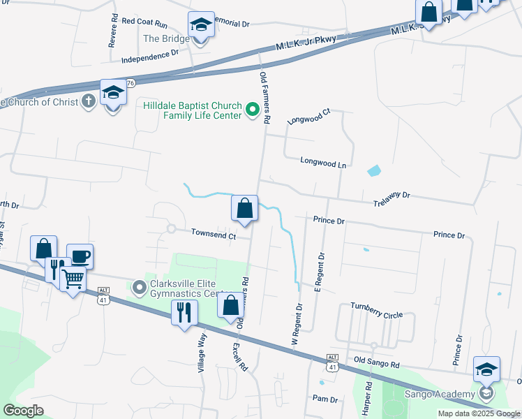 map of restaurants, bars, coffee shops, grocery stores, and more near 189 Old Farmers Road in Clarksville
