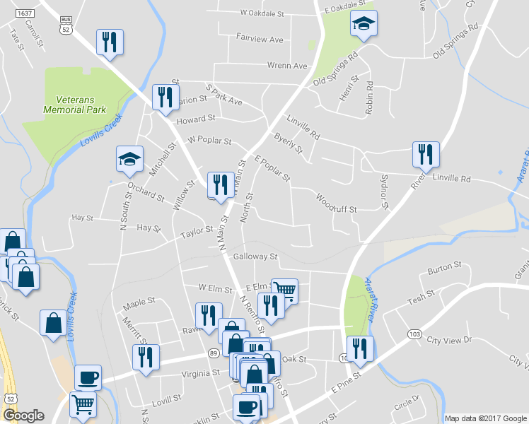 map of restaurants, bars, coffee shops, grocery stores, and more near 215 East Lebanon Street in Mount Airy