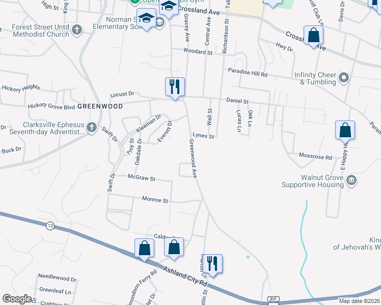 map of restaurants, bars, coffee shops, grocery stores, and more near 952 Greenwood Avenue in Clarksville