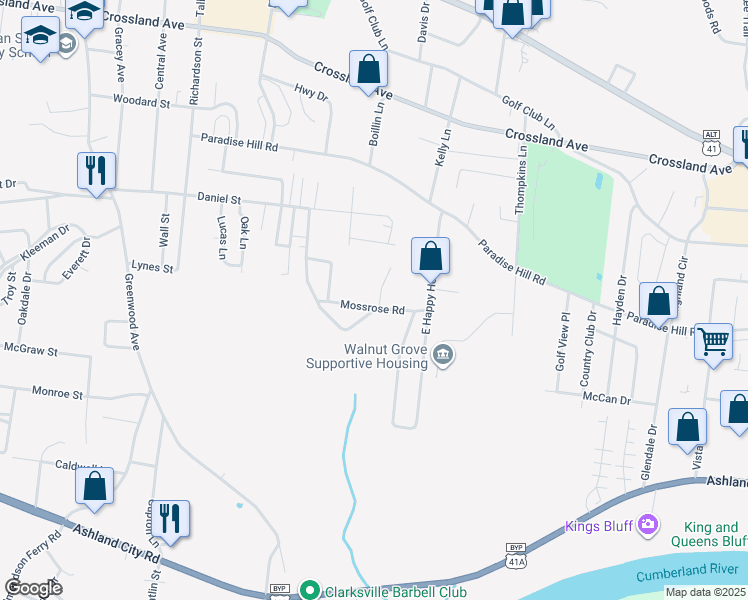 map of restaurants, bars, coffee shops, grocery stores, and more near 105 Valley View Circle in Clarksville