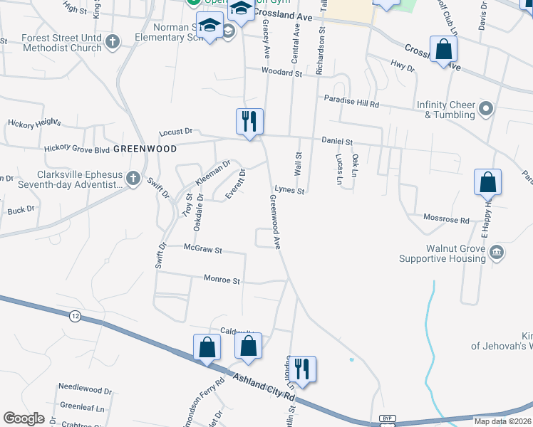 map of restaurants, bars, coffee shops, grocery stores, and more near 952 Greenwood Avenue in Clarksville