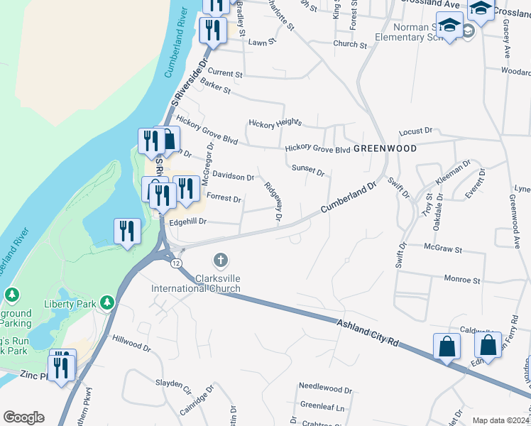 map of restaurants, bars, coffee shops, grocery stores, and more near 1009 Buck Drive in Clarksville