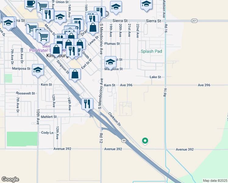 map of restaurants, bars, coffee shops, grocery stores, and more near 1295 Avenue 396 in Kingsburg