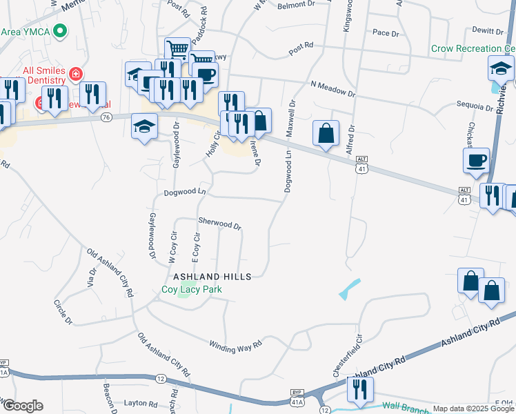map of restaurants, bars, coffee shops, grocery stores, and more near 2314 Dogwood Lane in Clarksville