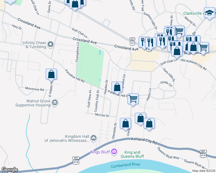 map of restaurants, bars, coffee shops, grocery stores, and more near 789 Hayden Drive in Clarksville