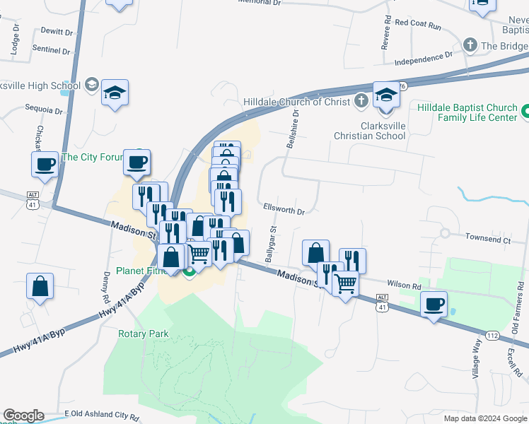 map of restaurants, bars, coffee shops, grocery stores, and more near 2371 Ellsworth Drive in Clarksville