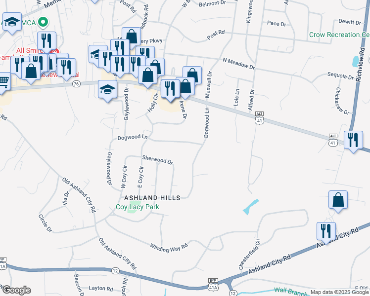 map of restaurants, bars, coffee shops, grocery stores, and more near 2314 Dogwood Lane in Clarksville