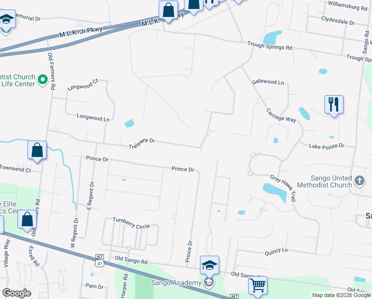 map of restaurants, bars, coffee shops, grocery stores, and more near 2840 Trelawny Drive in Clarksville