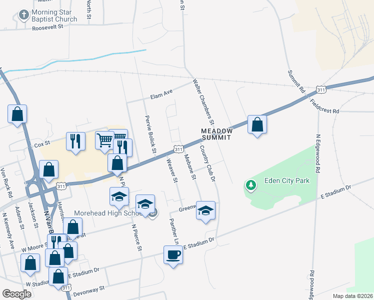 map of restaurants, bars, coffee shops, grocery stores, and more near 258 Mebane Street in Eden