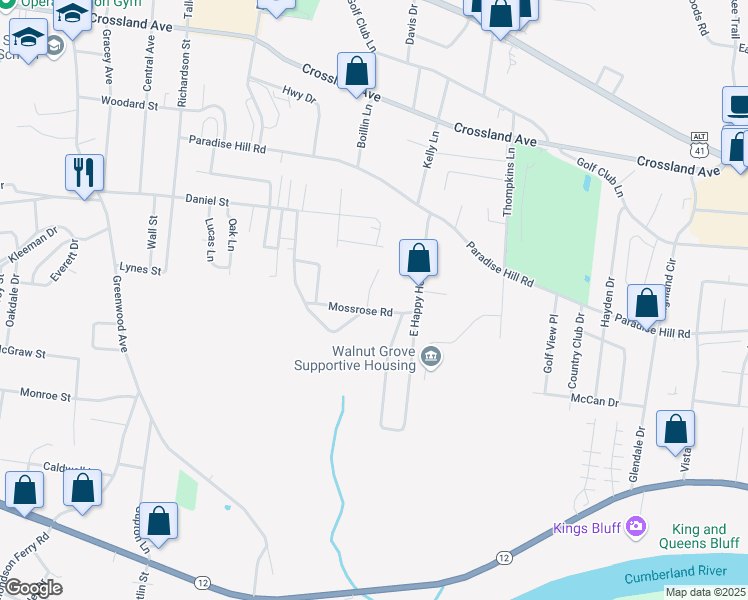 map of restaurants, bars, coffee shops, grocery stores, and more near 105 Valley View Circle in Clarksville