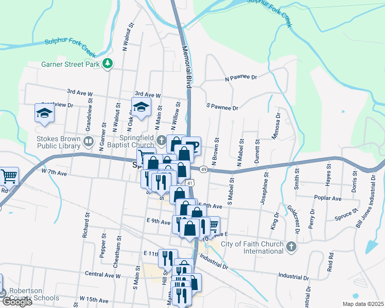 map of restaurants, bars, coffee shops, grocery stores, and more near 406B Memorial Boulevard in Springfield