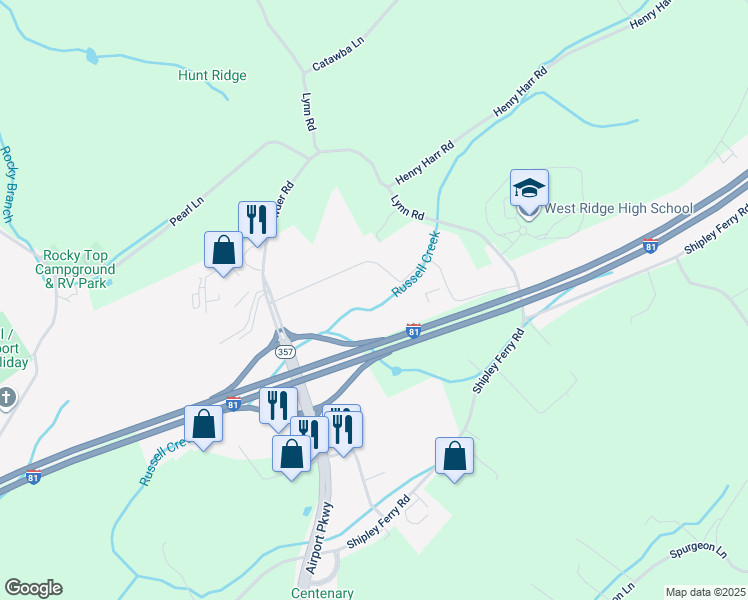 map of restaurants, bars, coffee shops, grocery stores, and more near 1020 Jericho Drive in Kingsport