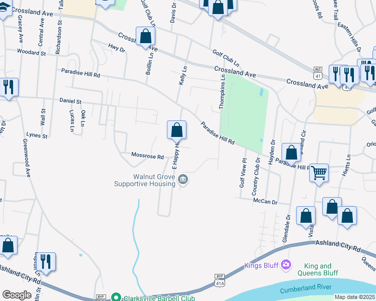 map of restaurants, bars, coffee shops, grocery stores, and more near 608 Hill Road in Clarksville
