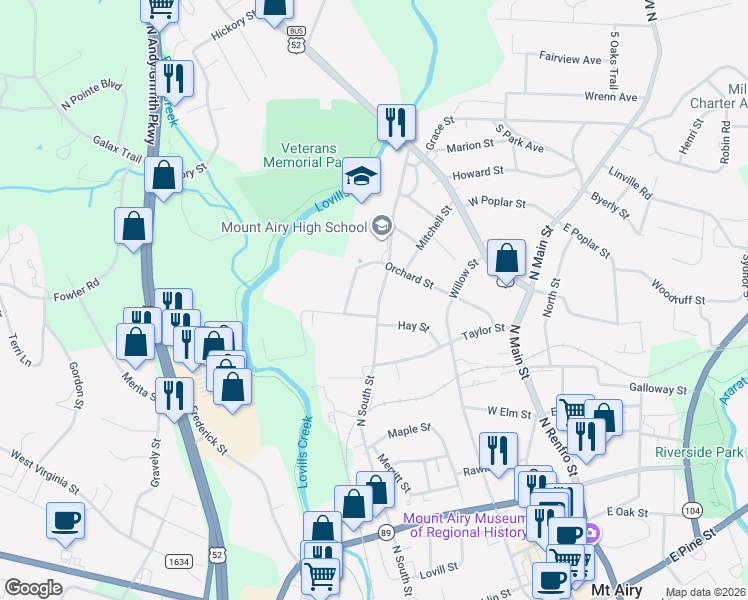 map of restaurants, bars, coffee shops, grocery stores, and more near 921 North South Street in Mount Airy