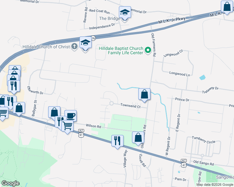 map of restaurants, bars, coffee shops, grocery stores, and more near 125 Cottage Lane in Clarksville