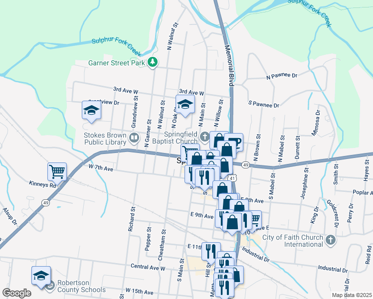 map of restaurants, bars, coffee shops, grocery stores, and more near 401415 Locust Street in Springfield