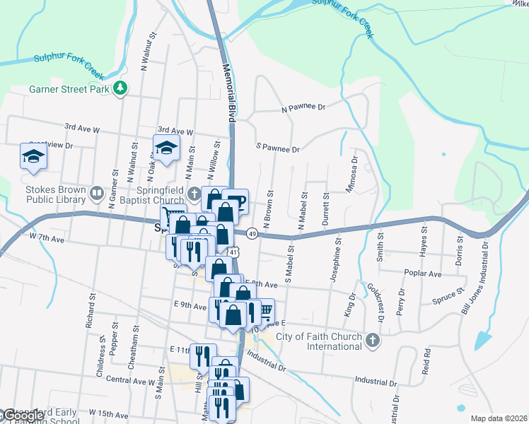 map of restaurants, bars, coffee shops, grocery stores, and more near 403 North Brown Street in Springfield