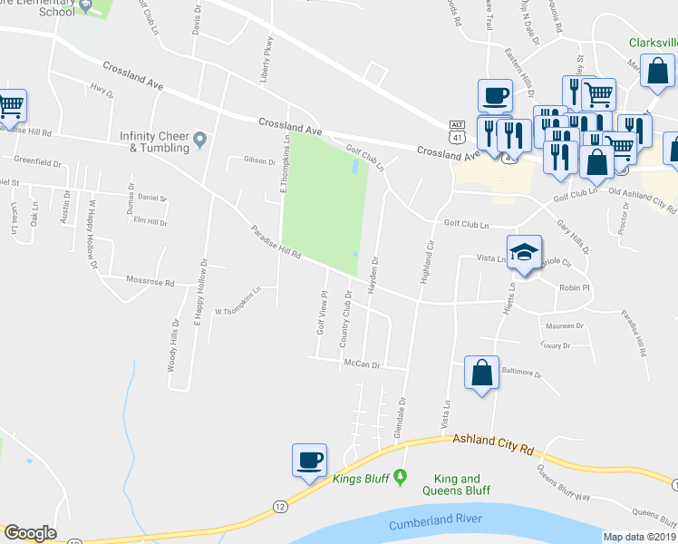 map of restaurants, bars, coffee shops, grocery stores, and more near 1433 Paradise Hill Road in Clarksville