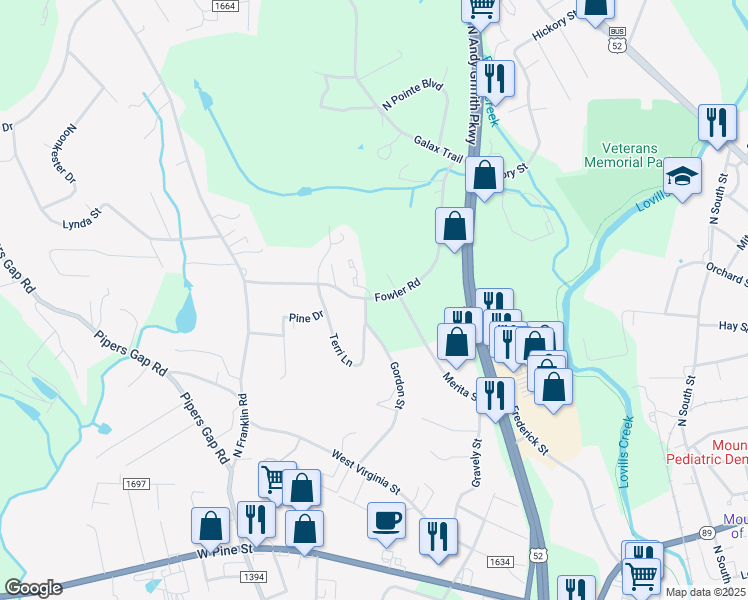 map of restaurants, bars, coffee shops, grocery stores, and more near 957 Fowler Road in Mount Airy