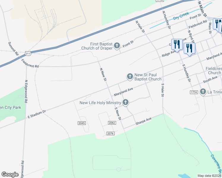 map of restaurants, bars, coffee shops, grocery stores, and more near 902 East Stadium Drive in Eden