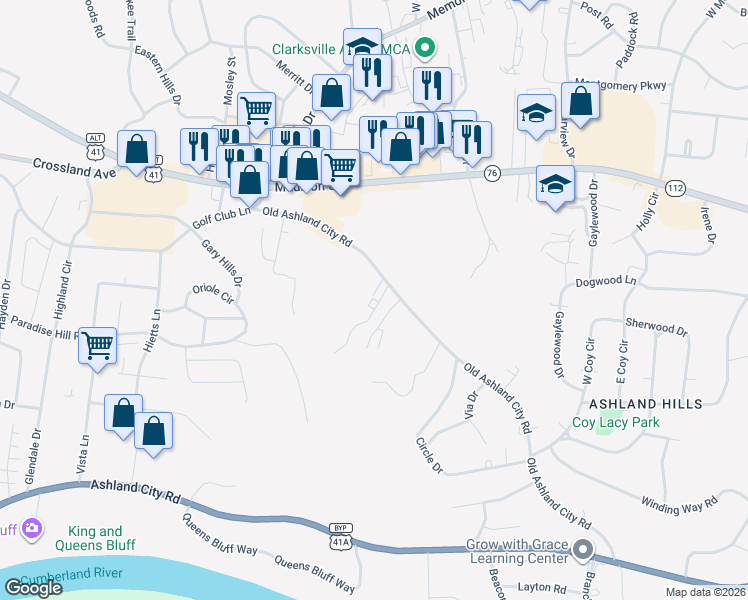 map of restaurants, bars, coffee shops, grocery stores, and more near 408 Martha Lane in Clarksville