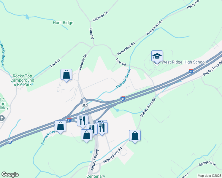 map of restaurants, bars, coffee shops, grocery stores, and more near 1020 Jericho Drive in Kingsport