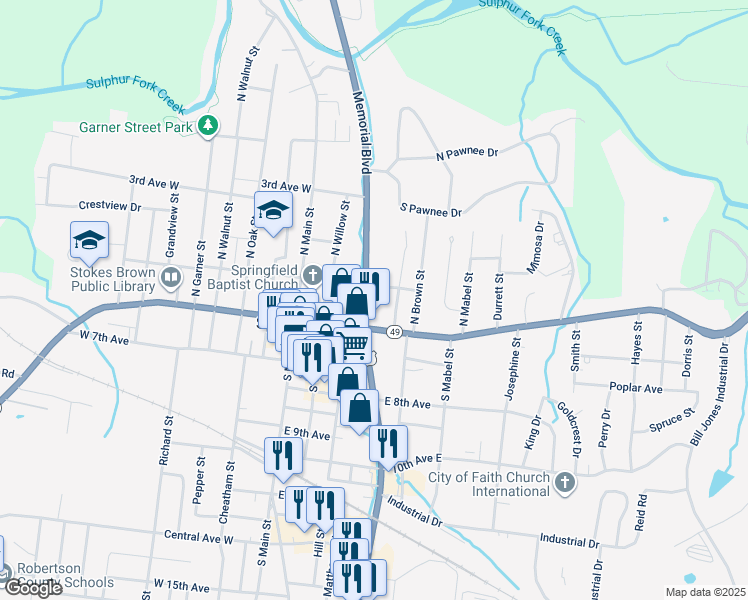 map of restaurants, bars, coffee shops, grocery stores, and more near 406B Memorial Boulevard in Springfield