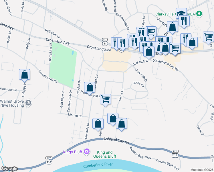 map of restaurants, bars, coffee shops, grocery stores, and more near 414 Seay Court in Clarksville