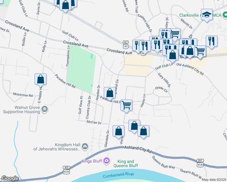 map of restaurants, bars, coffee shops, grocery stores, and more near 418 Highland Circle in Clarksville