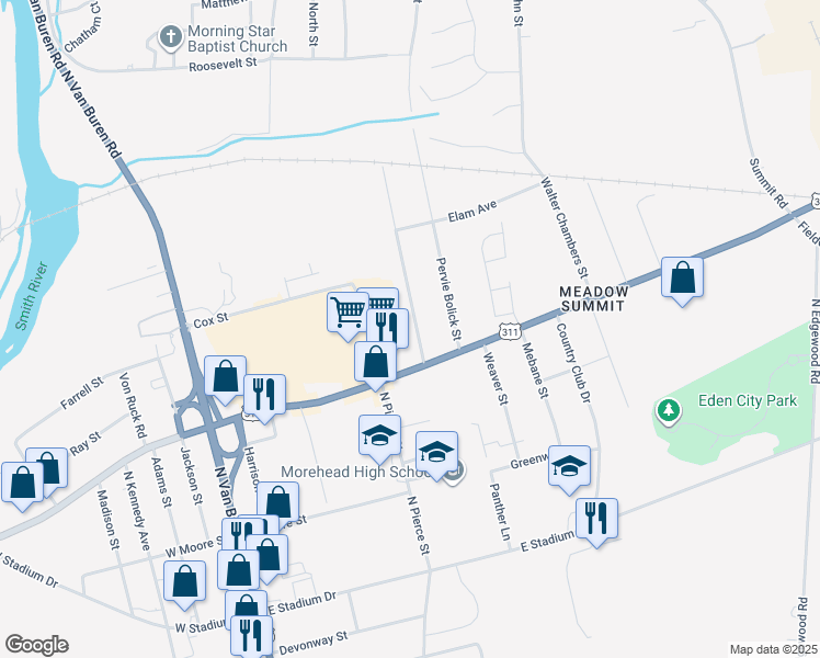 map of restaurants, bars, coffee shops, grocery stores, and more near 317 Johnsie and Billie Harris Street in Eden