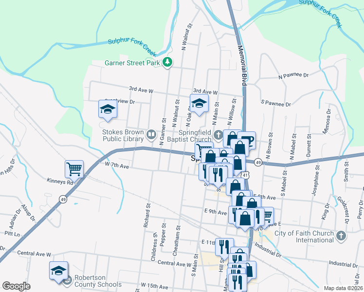 map of restaurants, bars, coffee shops, grocery stores, and more near 409 North Oak Street in Springfield