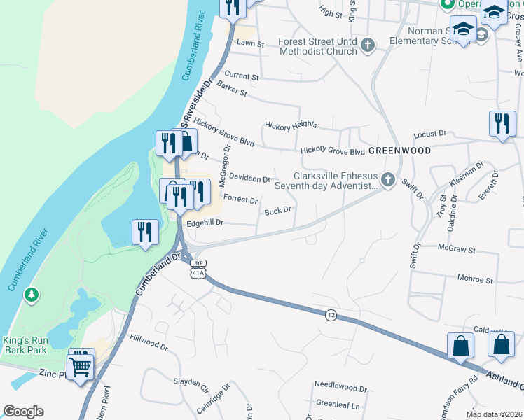 map of restaurants, bars, coffee shops, grocery stores, and more near 1020 Buck Drive in Clarksville
