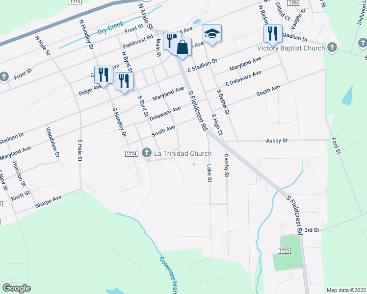 map of restaurants, bars, coffee shops, grocery stores, and more near 324 South Center Street in Eden