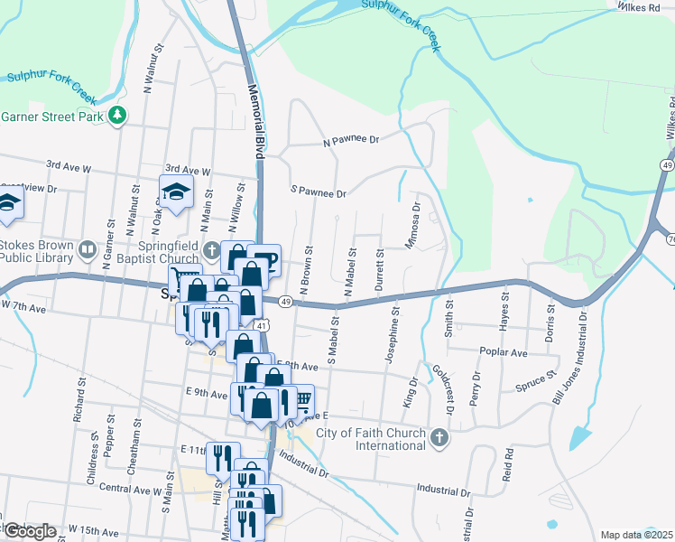 map of restaurants, bars, coffee shops, grocery stores, and more near 414 Grace Street in Springfield