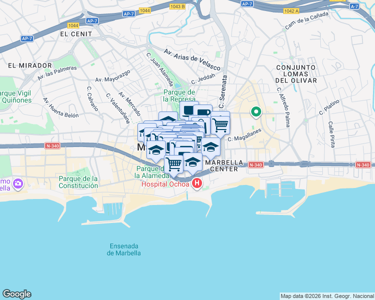 map of restaurants, bars, coffee shops, grocery stores, and more near in Marbella