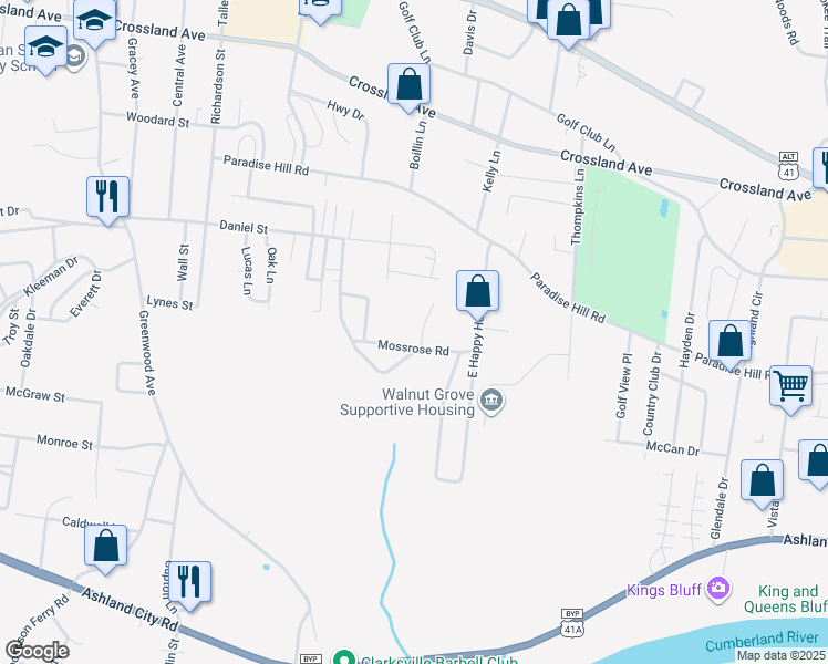 map of restaurants, bars, coffee shops, grocery stores, and more near 105 Valley View Circle in Clarksville