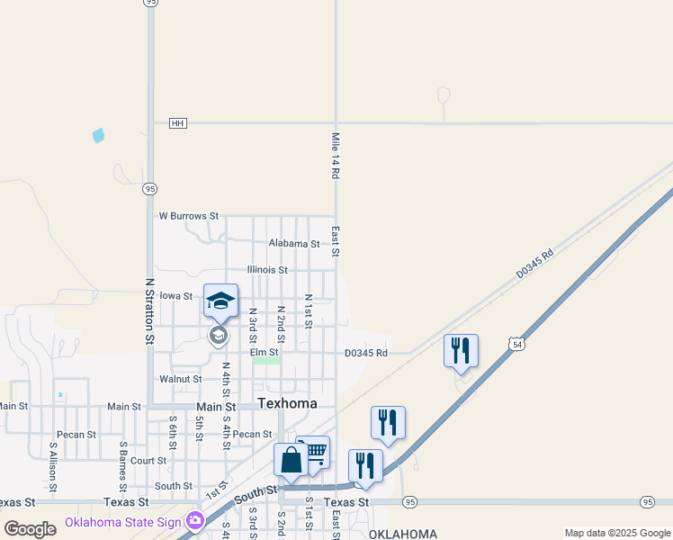 map of restaurants, bars, coffee shops, grocery stores, and more near 218 East Street in Texhoma