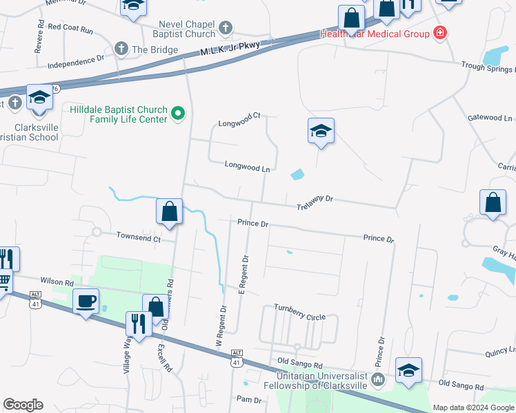 map of restaurants, bars, coffee shops, grocery stores, and more near 2800 Trelawny Drive in Clarksville
