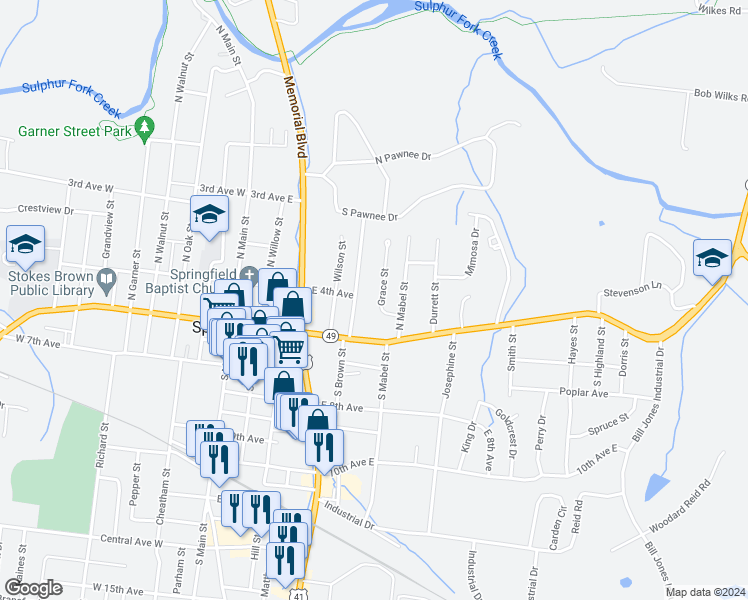 map of restaurants, bars, coffee shops, grocery stores, and more near 415 Grace Street in Springfield