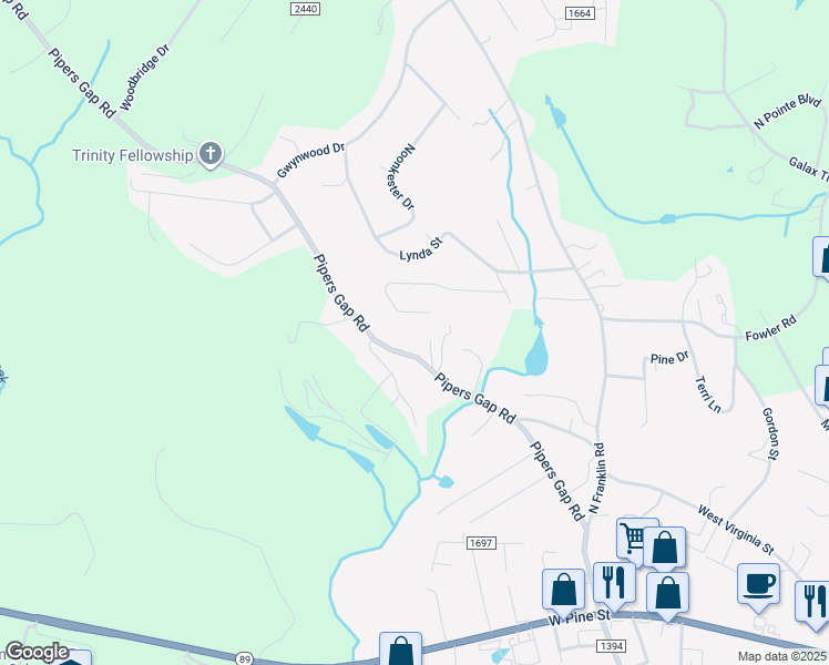 map of restaurants, bars, coffee shops, grocery stores, and more near 132 Montgomery Lane in Mount Airy